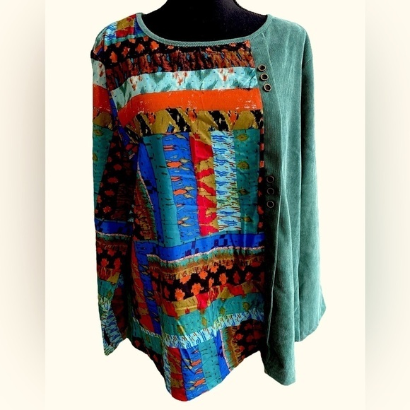 Zanzea Mixed Media Corduroy Top Ethnic Print Buttoned Women’s XXL Green Spl… - Picture 13 of 14